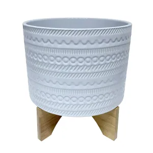 11" Tribal Planter W/ Wood Stand, White