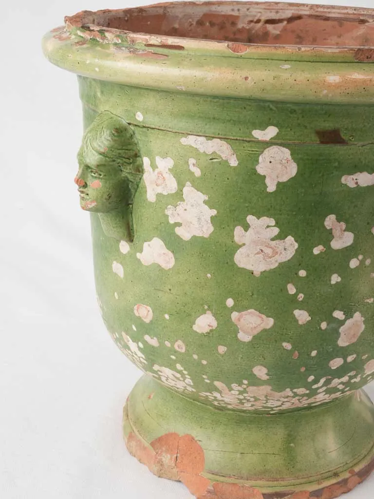 18th century Tournac citrus planter with 2 handles mask detail - green