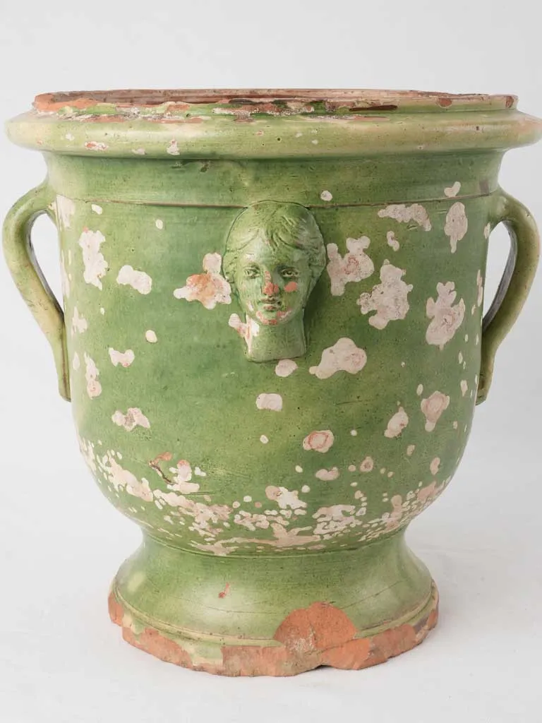 18th century Tournac citrus planter with 2 handles mask detail - green