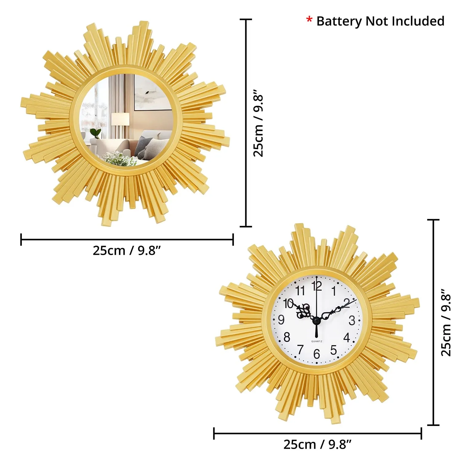 ABOUT SPACE Mirror Set with Wall Clock - 10 Inch Antique Style Plastic Framed Wall Decor for Home, Office, Living Room, Entryway, Lounge - Sunburst Pattern (Golden, 25 cm)