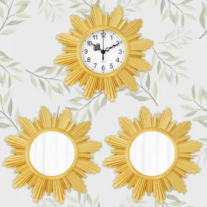 ABOUT SPACE Mirror Set with Wall Clock - 10 Inch Antique Style Plastic Framed Wall Decor for Home, Office, Living Room, Entryway, Lounge - Sunburst Pattern (Golden, 25 cm)