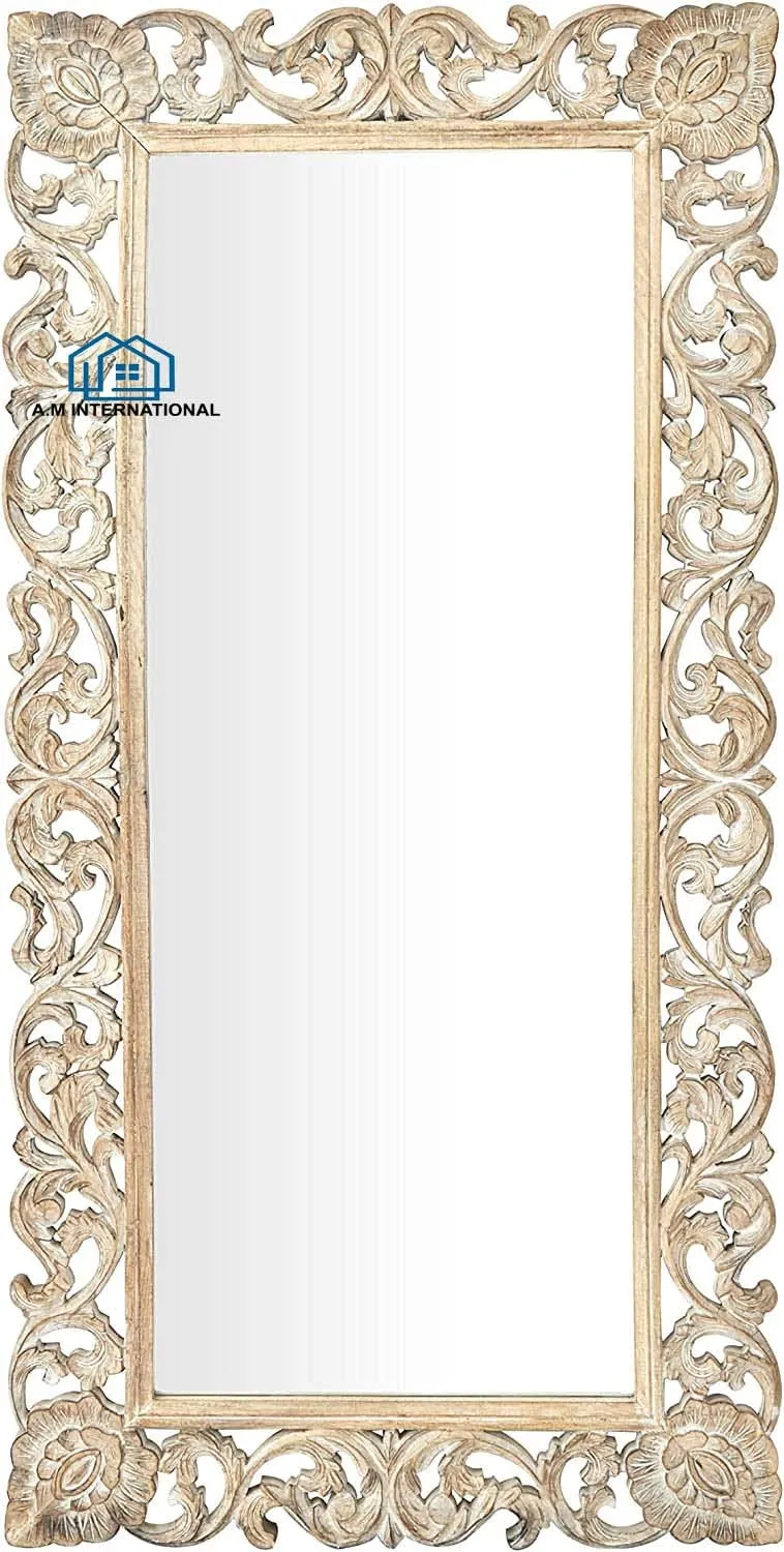 A.M INTERNATIONAL Wooden Carved Wall Mirror Frame | Wooden Mirror Jharokha | Wall Hanging Mirror | Solid Wood, AntiqueFinish | with Out Mirror | (White Distress, 4 * 2.5 FT)