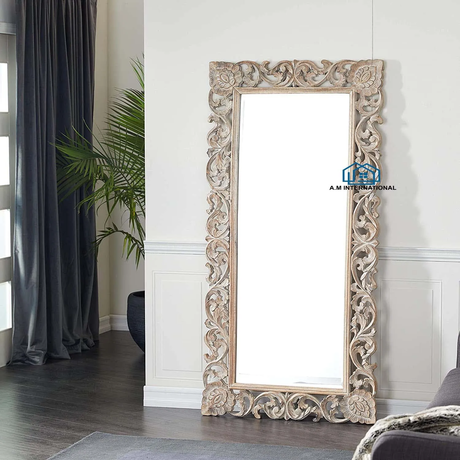 A.M INTERNATIONAL Wooden Carved Wall Mirror Frame | Wooden Mirror Jharokha | Wall Hanging Mirror | Solid Wood, AntiqueFinish | with Out Mirror | (White Distress, 4 * 2.5 FT)