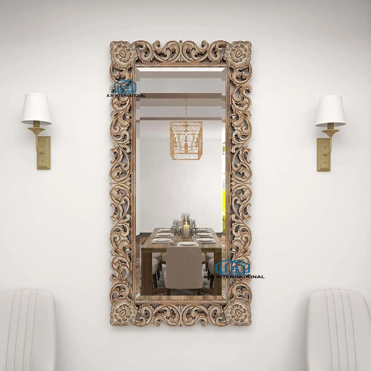 A.M INTERNATIONAL Wooden Carved Wall Mirror Frame | Wooden Mirror Jharokha | Wall Hanging Mirror | Solid Wood, AntiqueFinish | with Out Mirror | (White Distress, 4 * 2.5 FT)