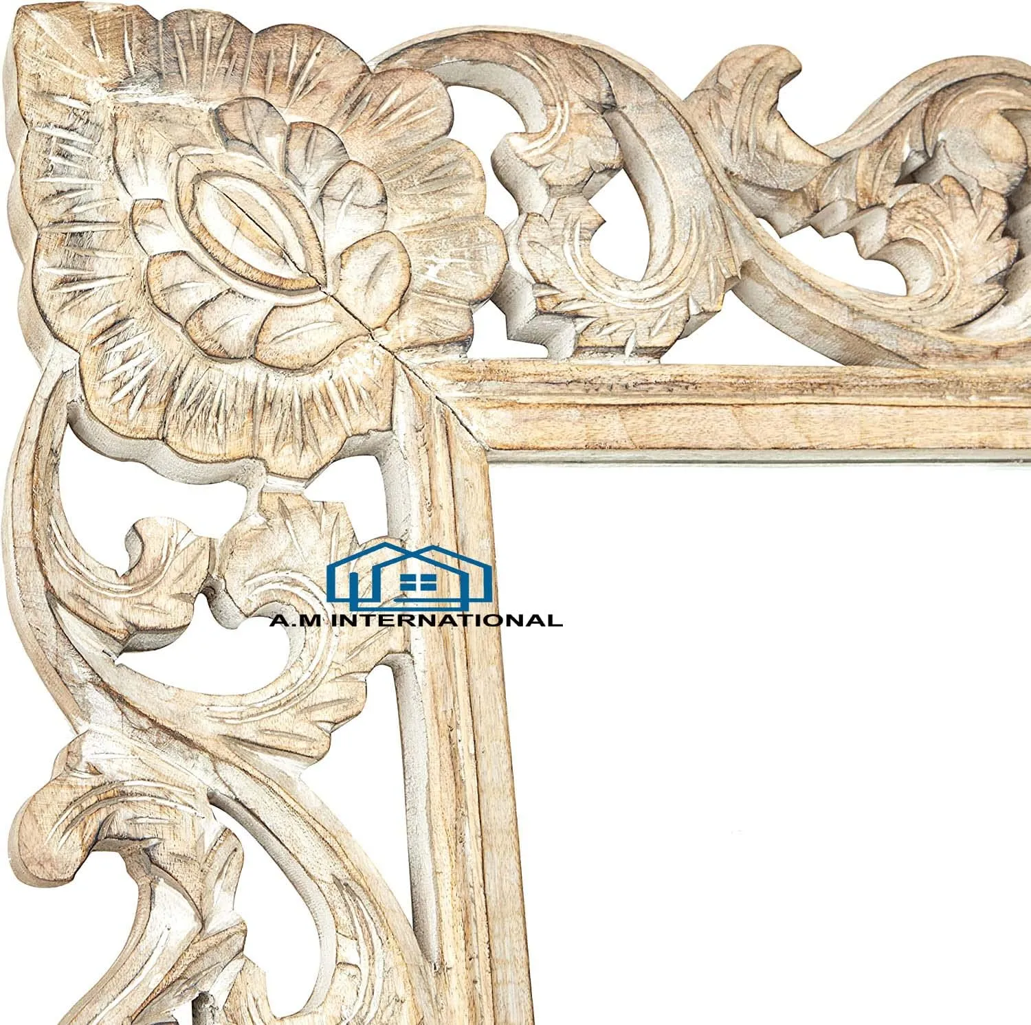 A.M INTERNATIONAL Wooden Carved Wall Mirror Frame | Wooden Mirror Jharokha | Wall Hanging Mirror | Solid Wood, AntiqueFinish | with Out Mirror | (White Distress, 4 * 2.5 FT)