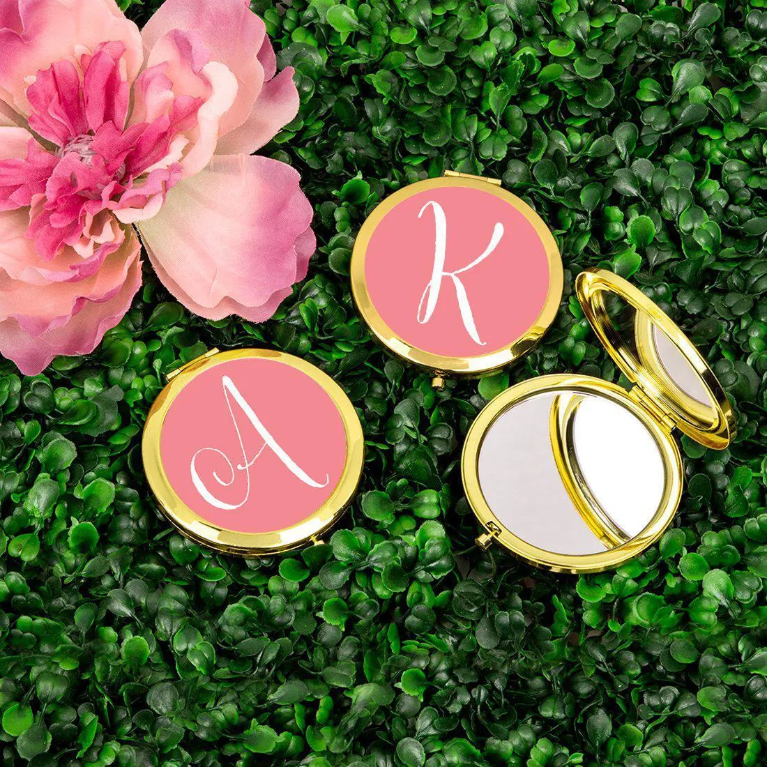 Andaz Press Coral Monogram Gold 2.75 inch Round Compact Mirror