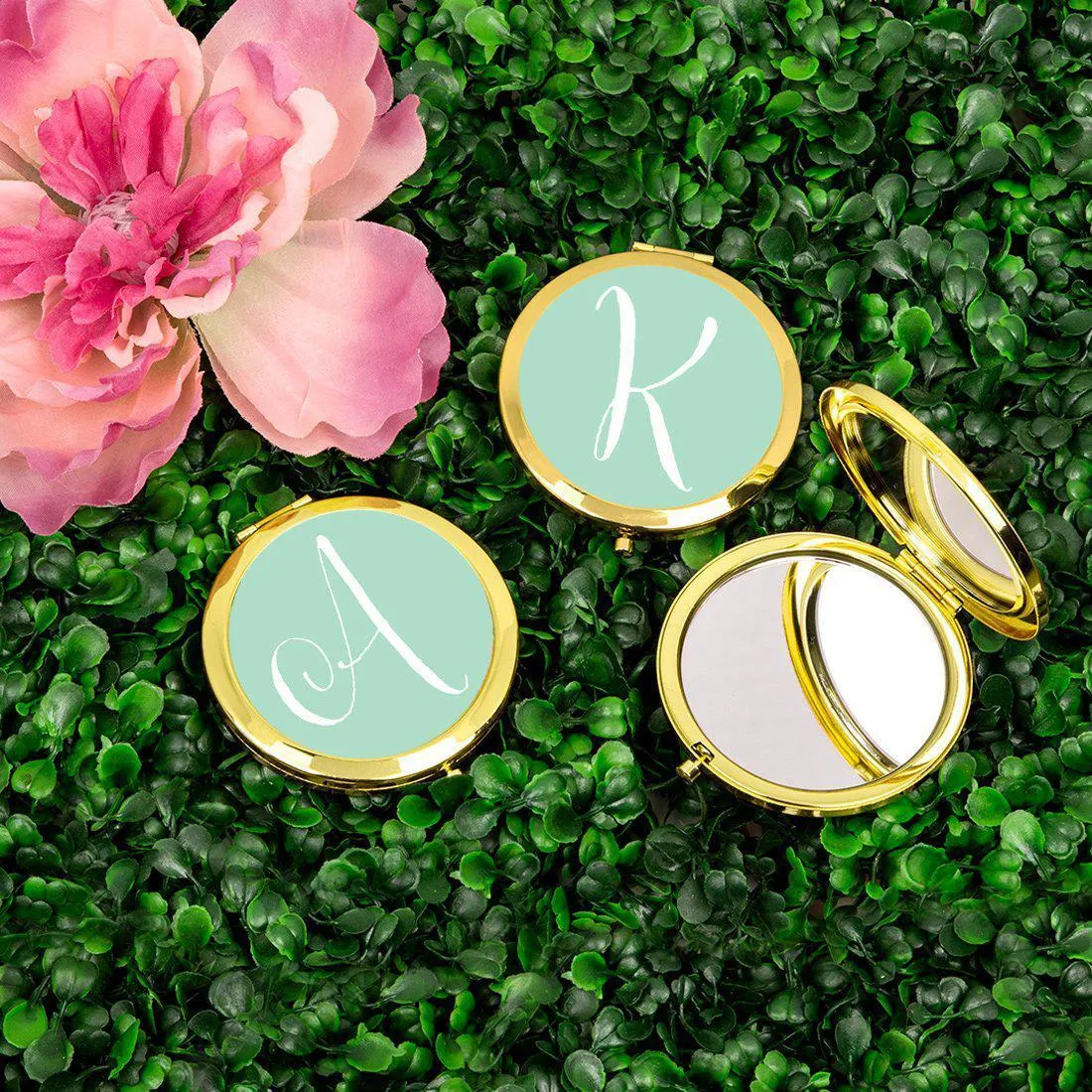 Andaz Press Mint Green Monogram Gold 2.75 inch round Compact Mirror