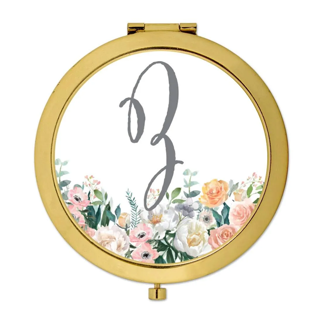 Andaz Press Peach Flower Florals on White Monogram Gold Compact Mirror