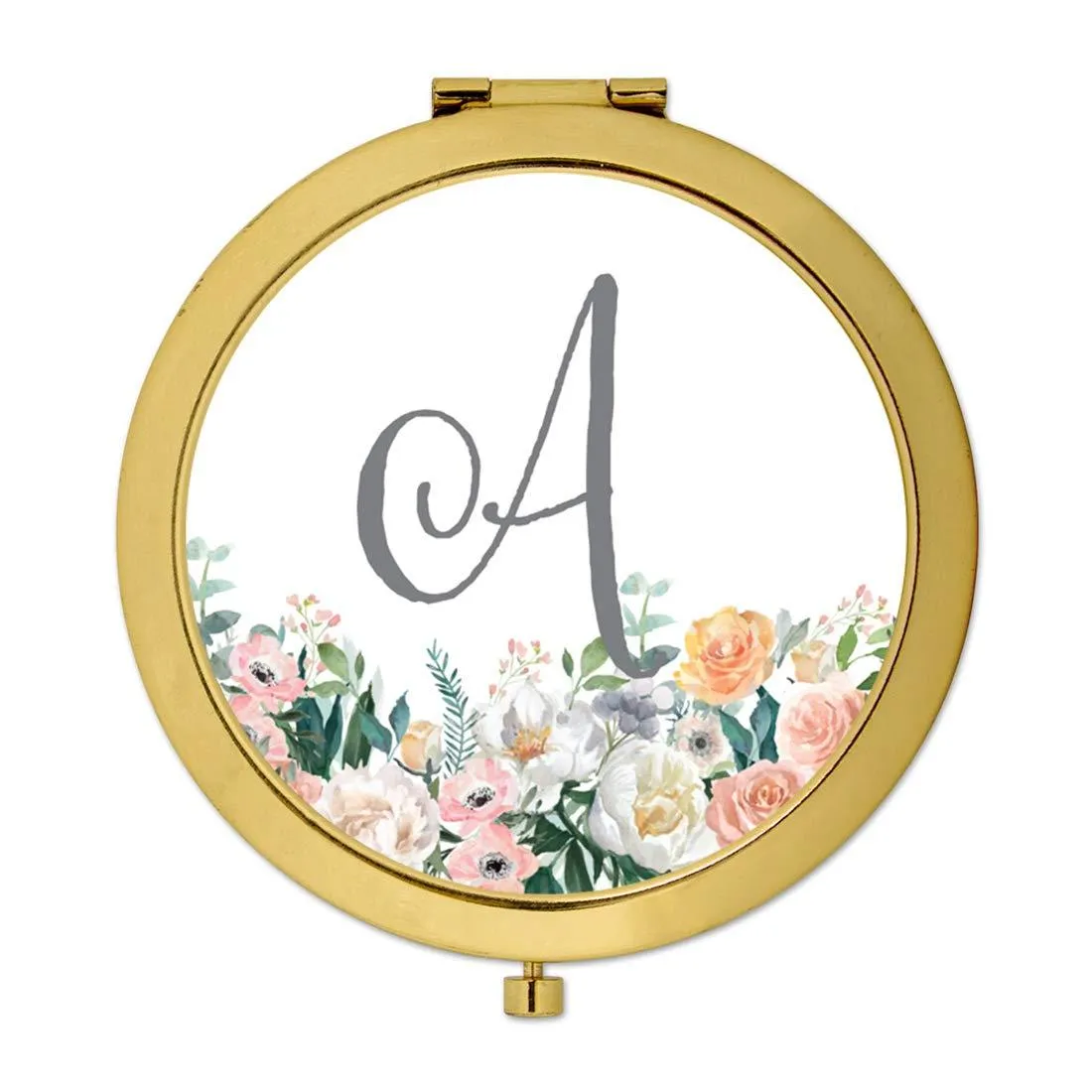 Andaz Press Peach Flower Florals on White Monogram Gold Compact Mirror