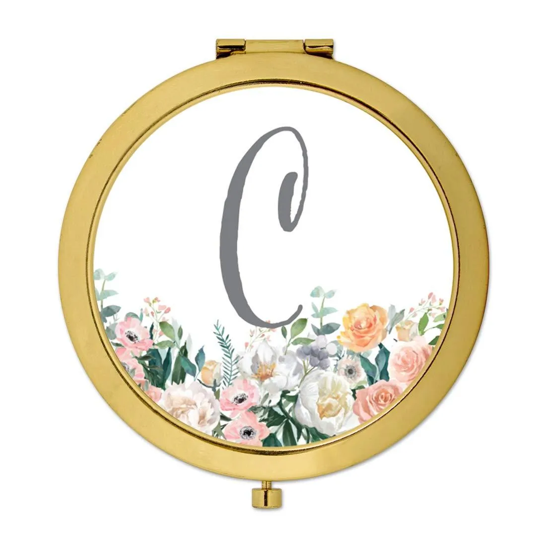 Andaz Press Peach Flower Florals on White Monogram Gold Compact Mirror