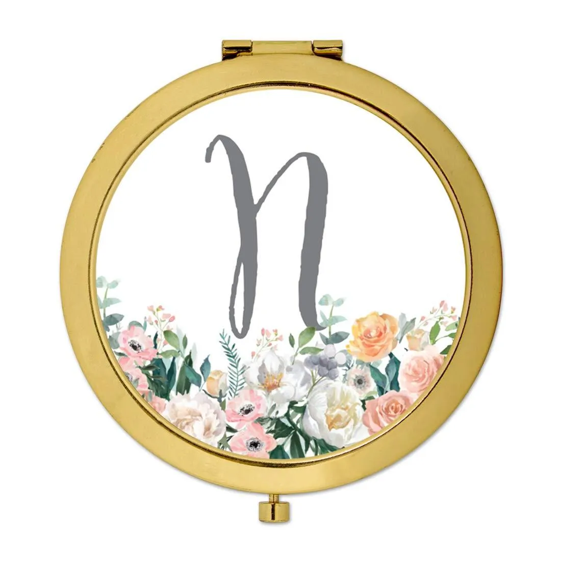 Andaz Press Peach Flower Florals on White Monogram Gold Compact Mirror