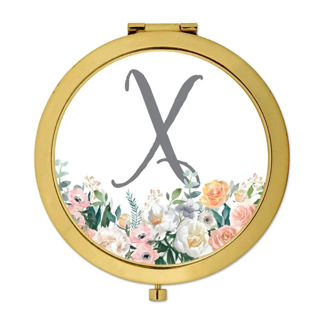 Andaz Press Peach Flower Florals on White Monogram Gold Compact Mirror