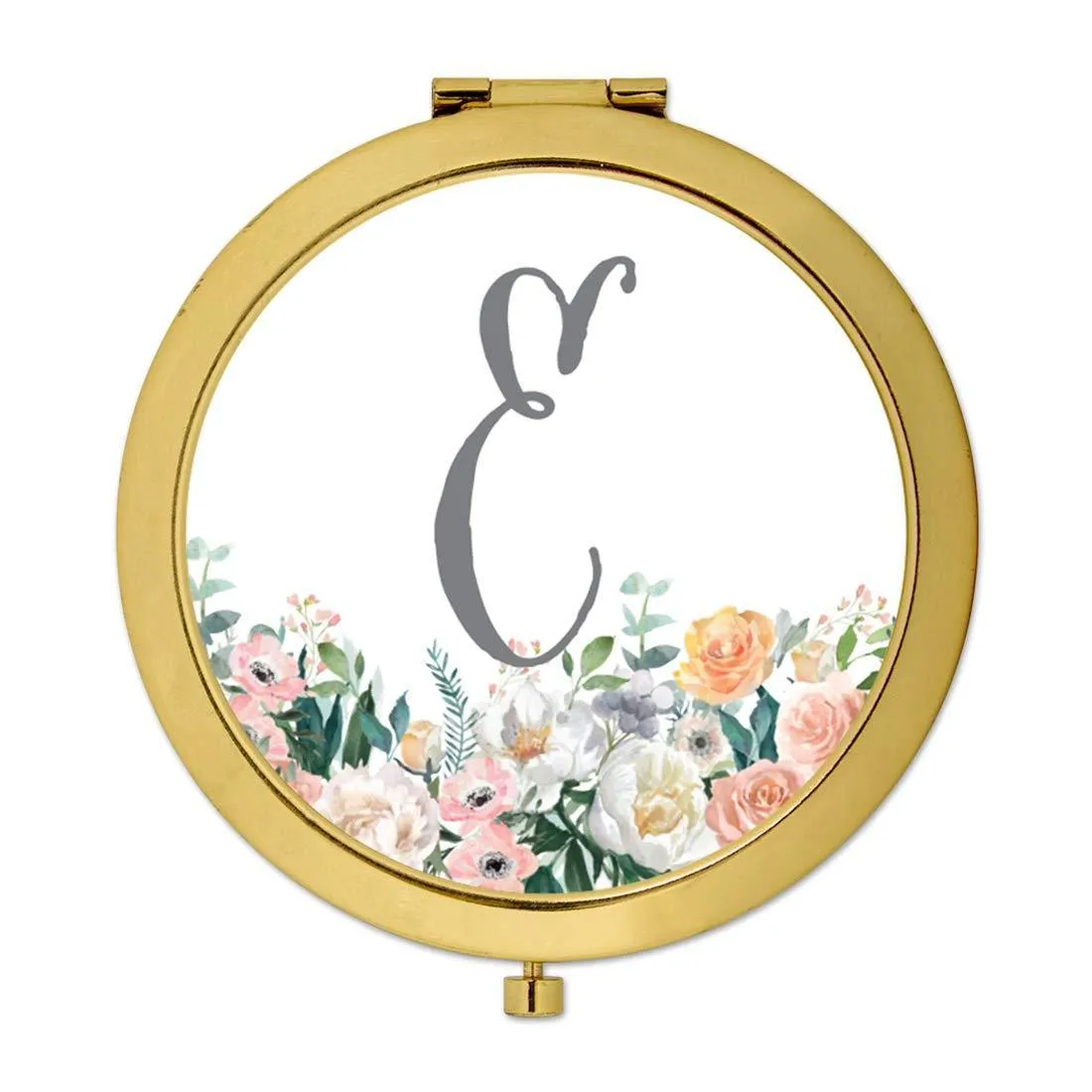 Andaz Press Peach Flower Florals on White Monogram Gold Compact Mirror