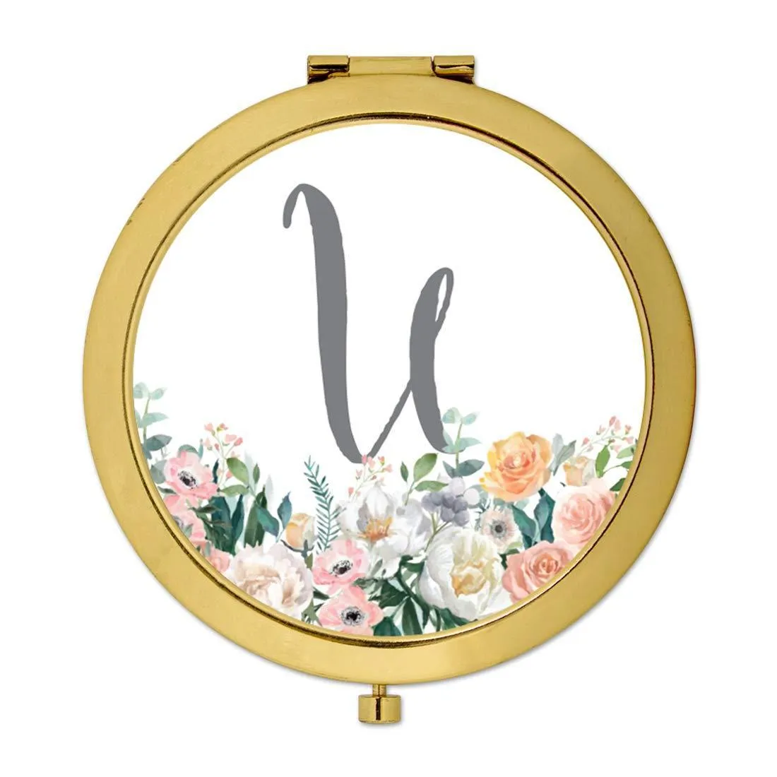 Andaz Press Peach Flower Florals on White Monogram Gold Compact Mirror