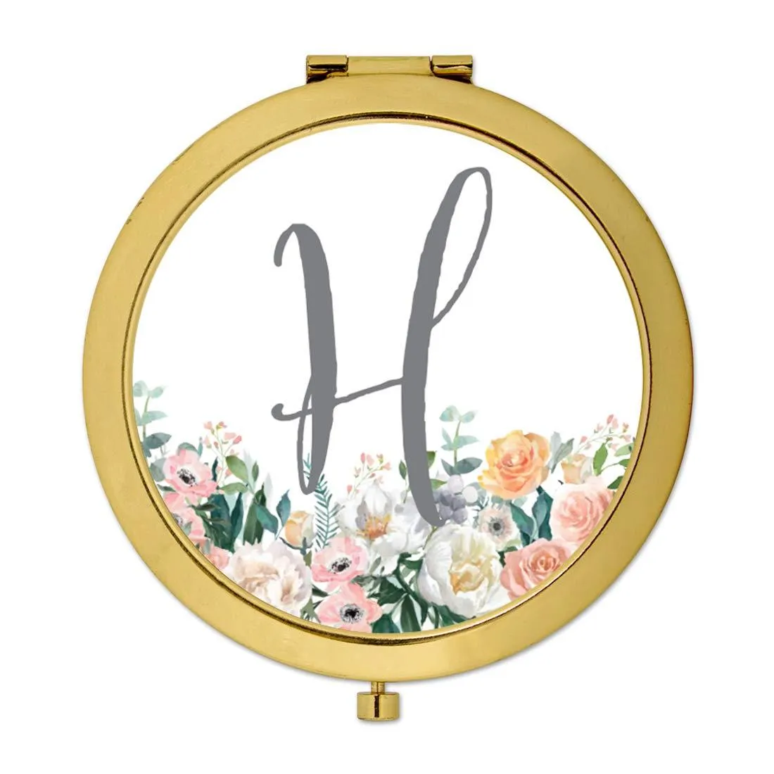 Andaz Press Peach Flower Florals on White Monogram Gold Compact Mirror