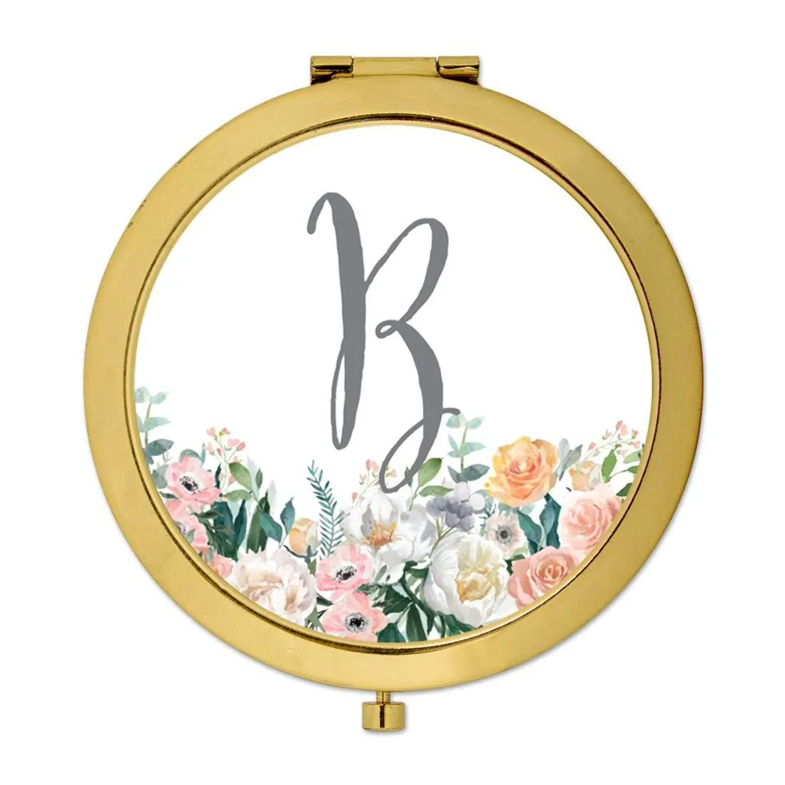 Andaz Press Peach Flower Florals on White Monogram Gold Compact Mirror