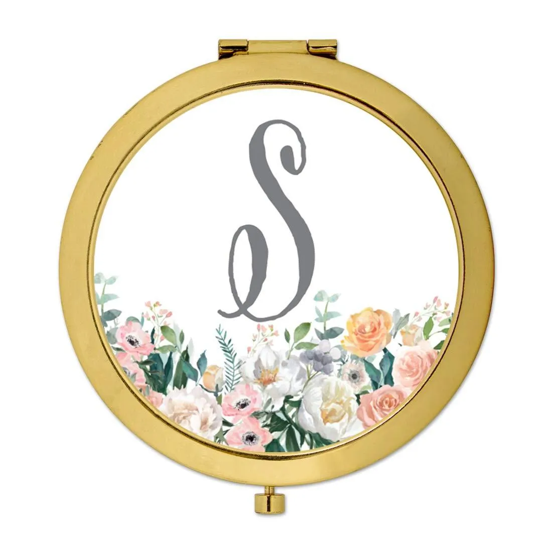 Andaz Press Peach Flower Florals on White Monogram Gold Compact Mirror