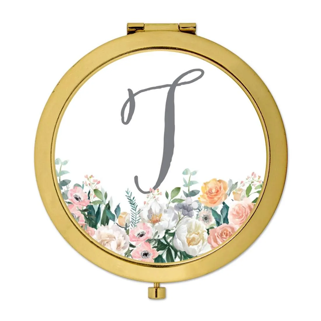 Andaz Press Peach Flower Florals on White Monogram Gold Compact Mirror