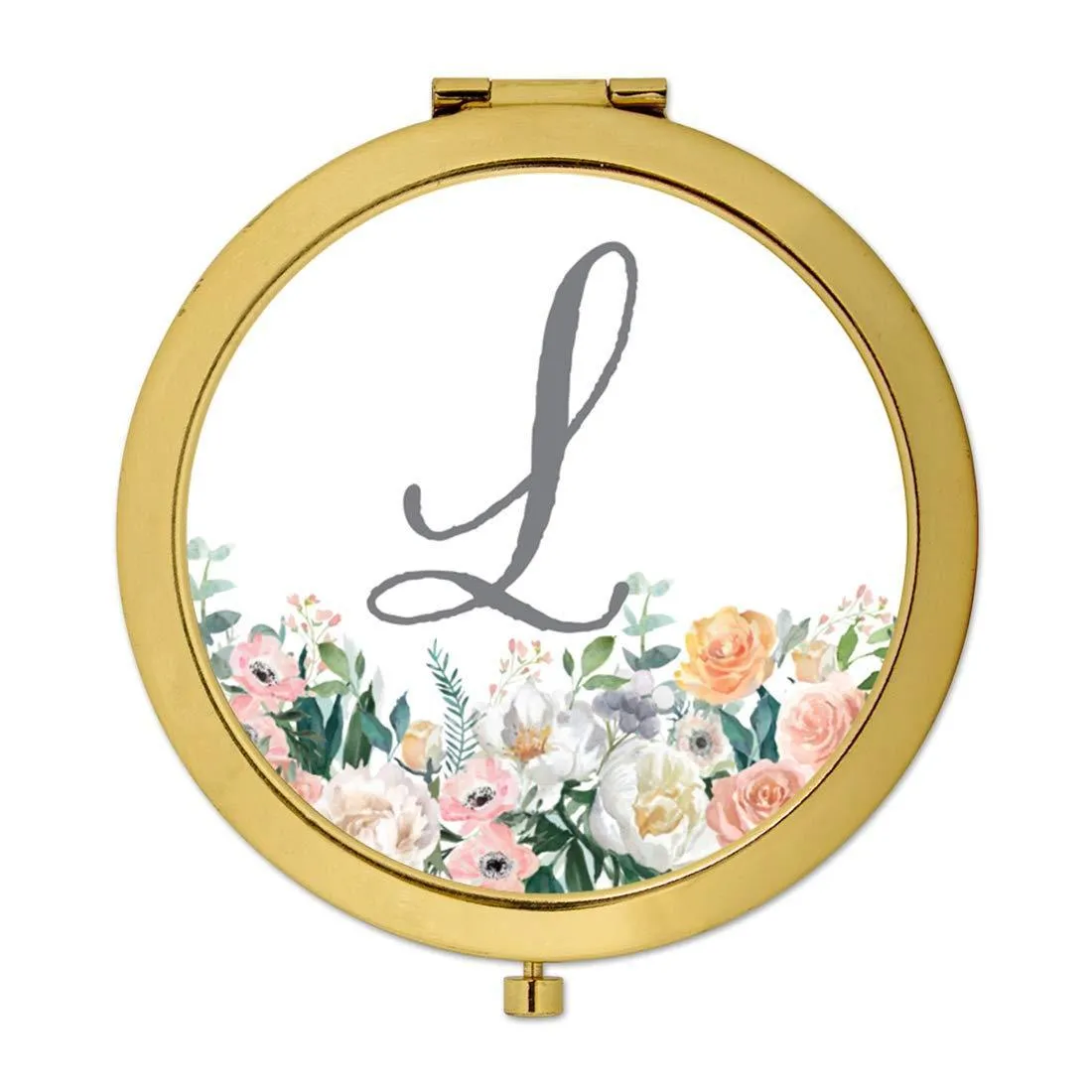 Andaz Press Peach Flower Florals on White Monogram Gold Compact Mirror