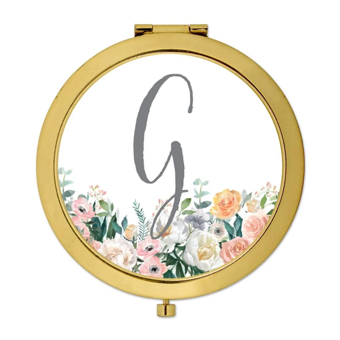 Andaz Press Peach Flower Florals on White Monogram Gold Compact Mirror