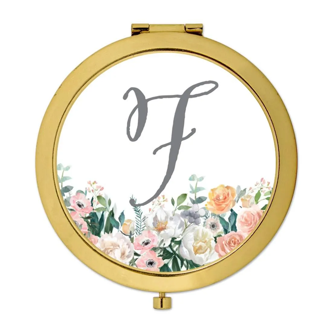 Andaz Press Peach Flower Florals on White Monogram Gold Compact Mirror