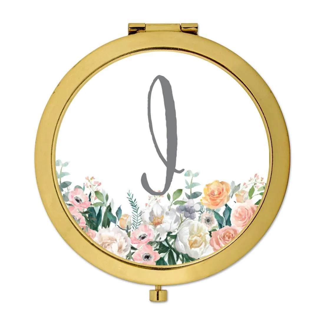 Andaz Press Peach Flower Florals on White Monogram Gold Compact Mirror