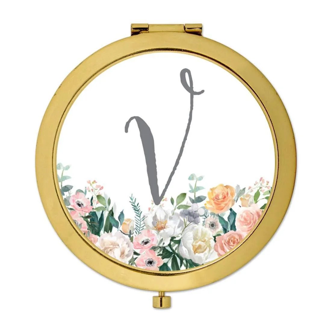 Andaz Press Peach Flower Florals on White Monogram Gold Compact Mirror