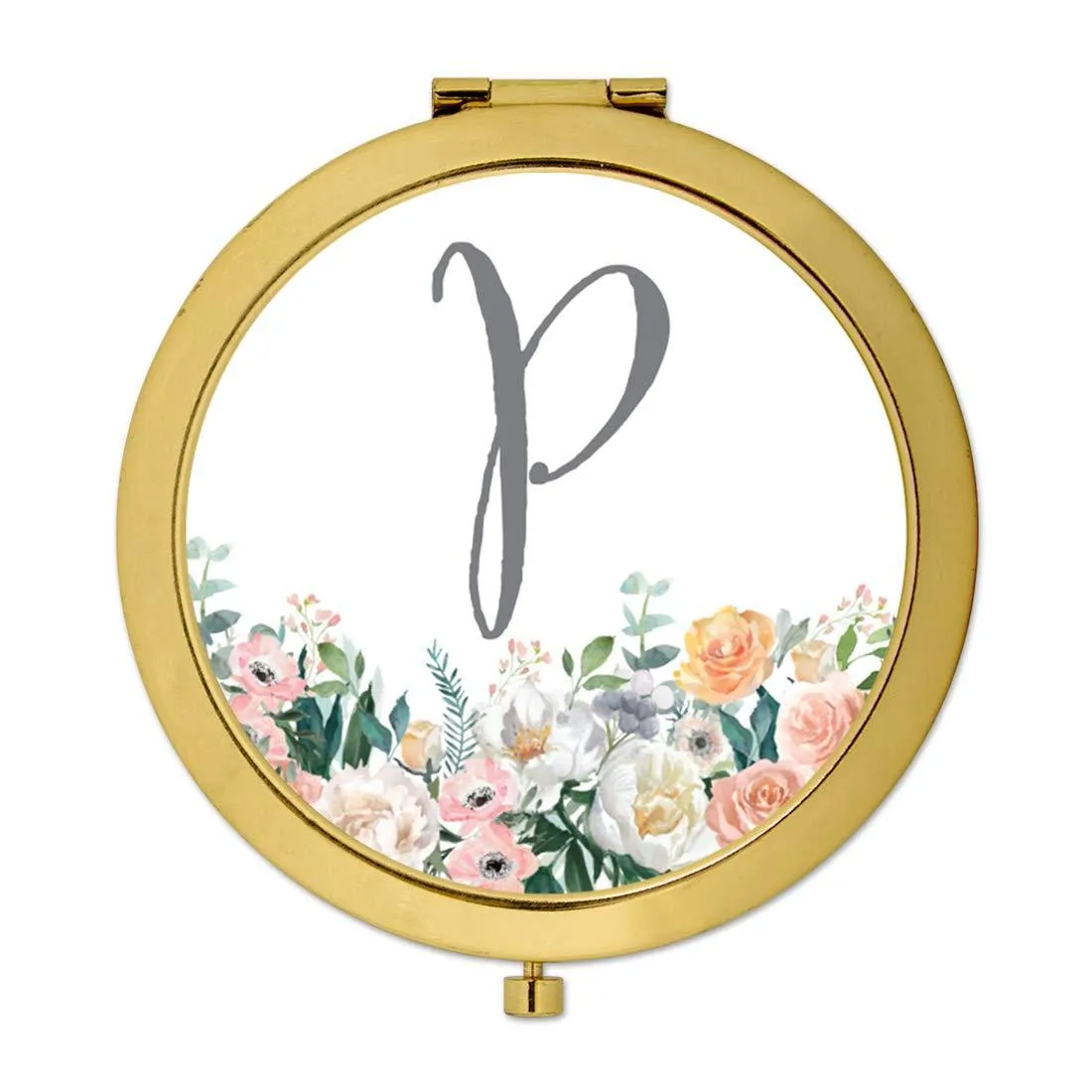 Andaz Press Peach Flower Florals on White Monogram Gold Compact Mirror