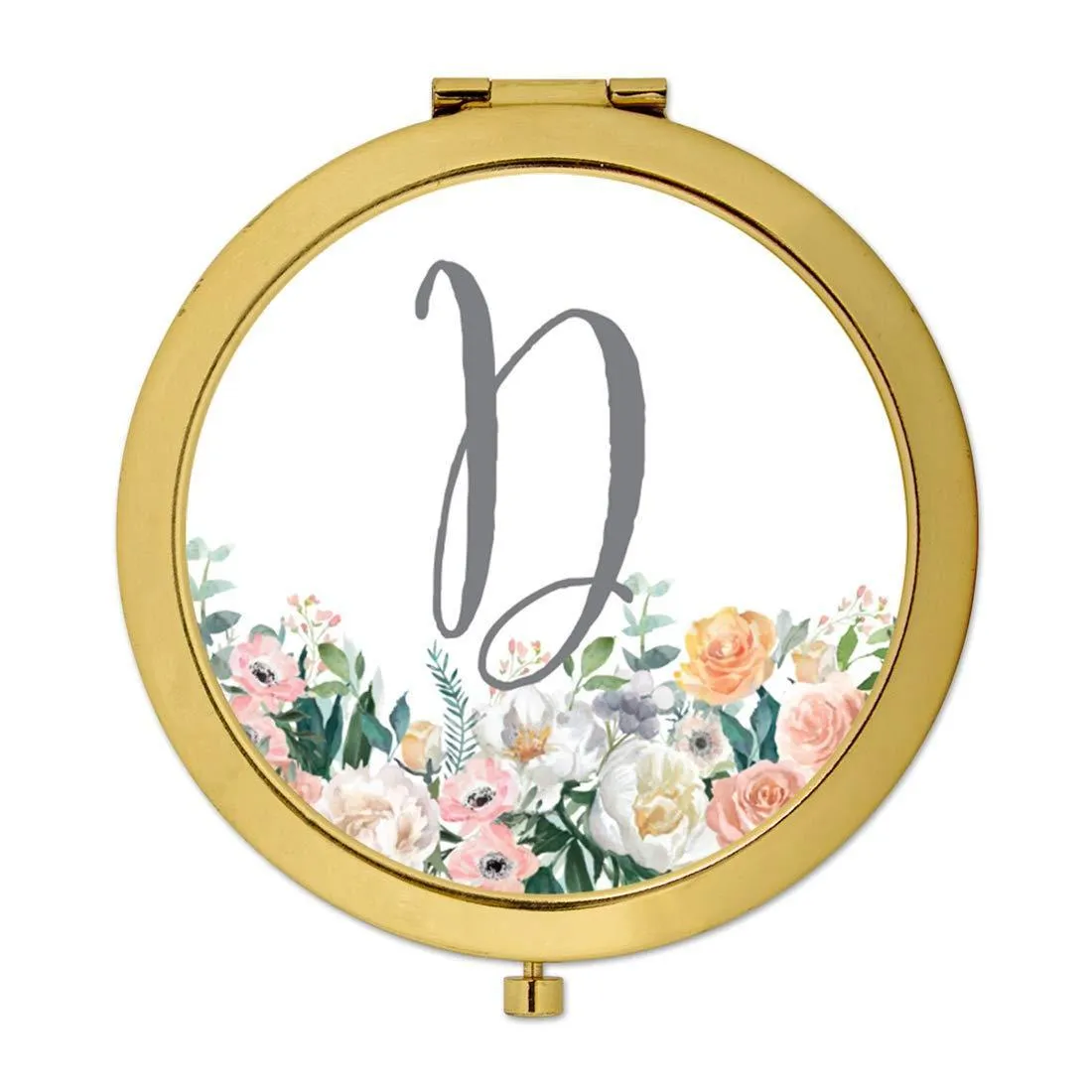 Andaz Press Peach Flower Florals on White Monogram Gold Compact Mirror