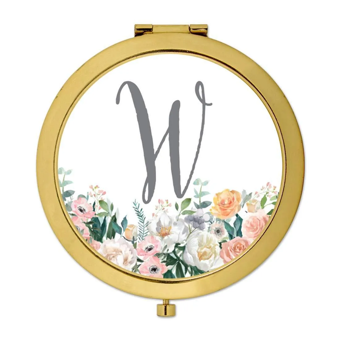 Andaz Press Peach Flower Florals on White Monogram Gold Compact Mirror