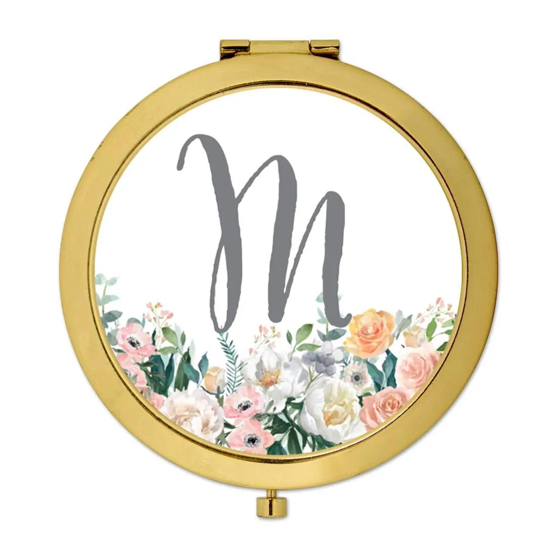 Andaz Press Peach Flower Florals on White Monogram Gold Compact Mirror