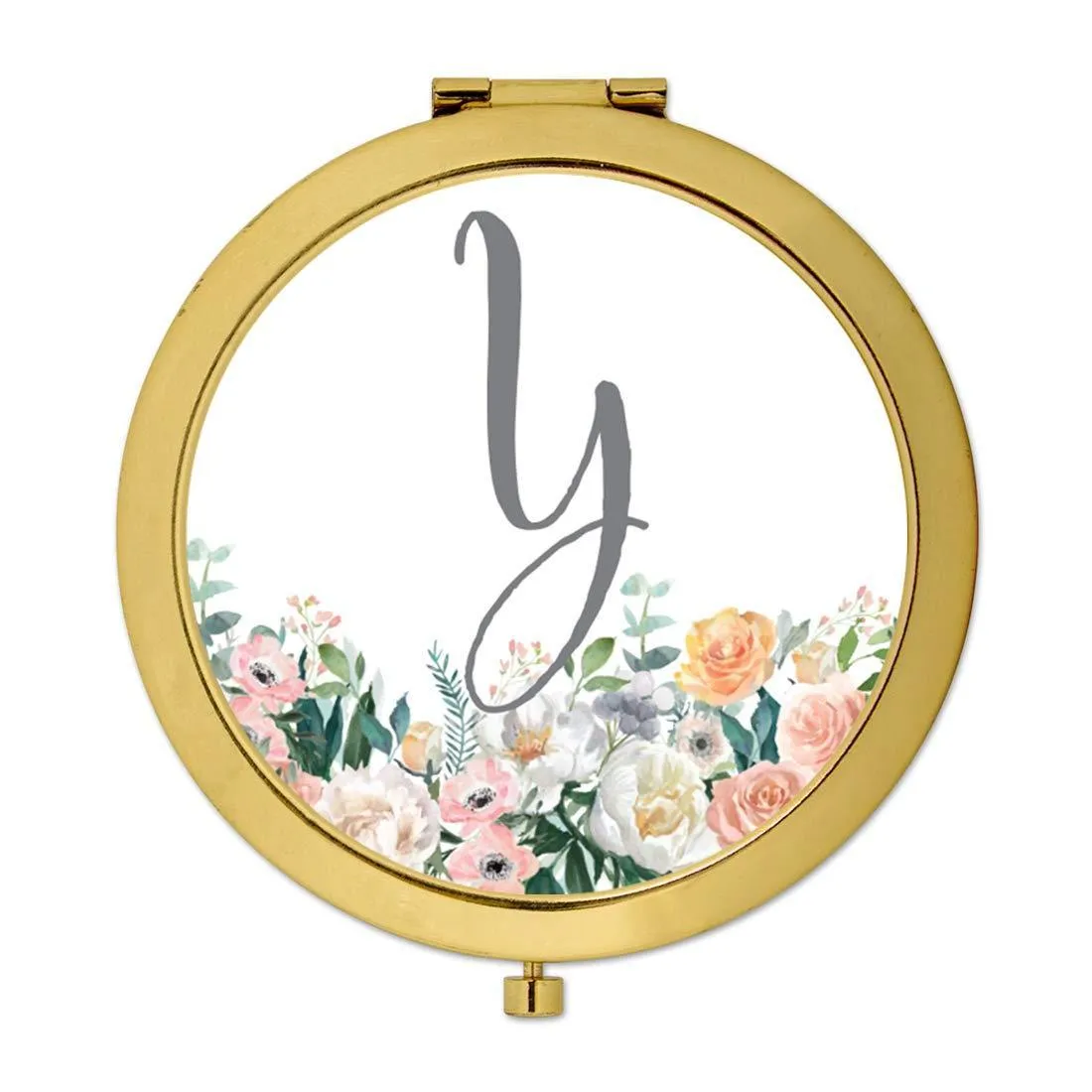 Andaz Press Peach Flower Florals on White Monogram Gold Compact Mirror