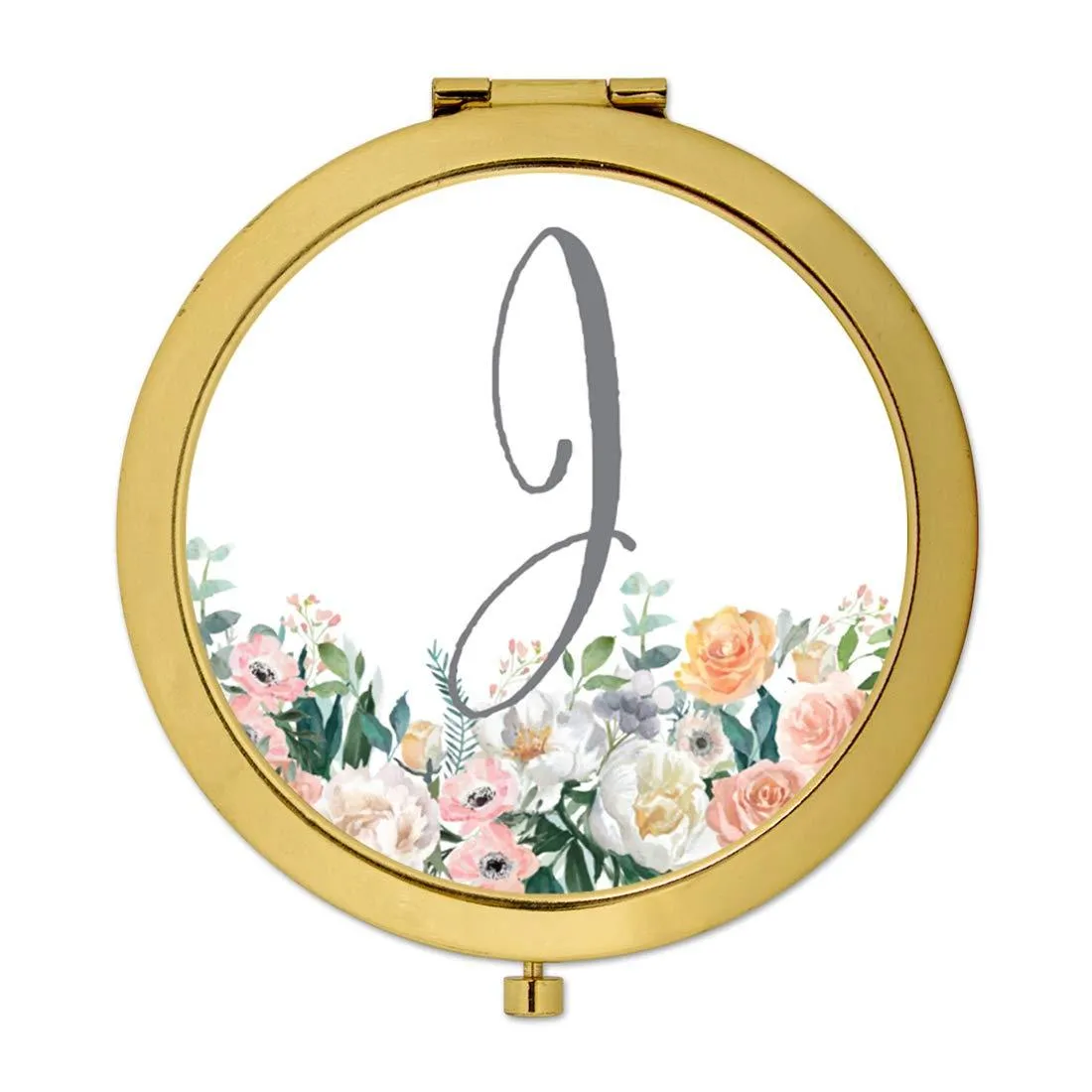 Andaz Press Peach Flower Florals on White Monogram Gold Compact Mirror