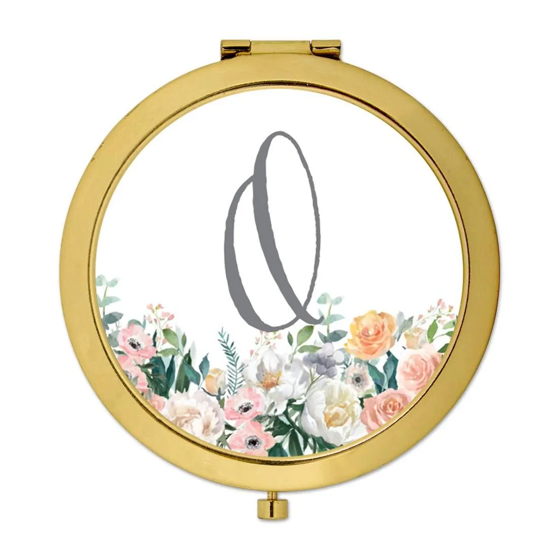 Andaz Press Peach Flower Florals on White Monogram Gold Compact Mirror