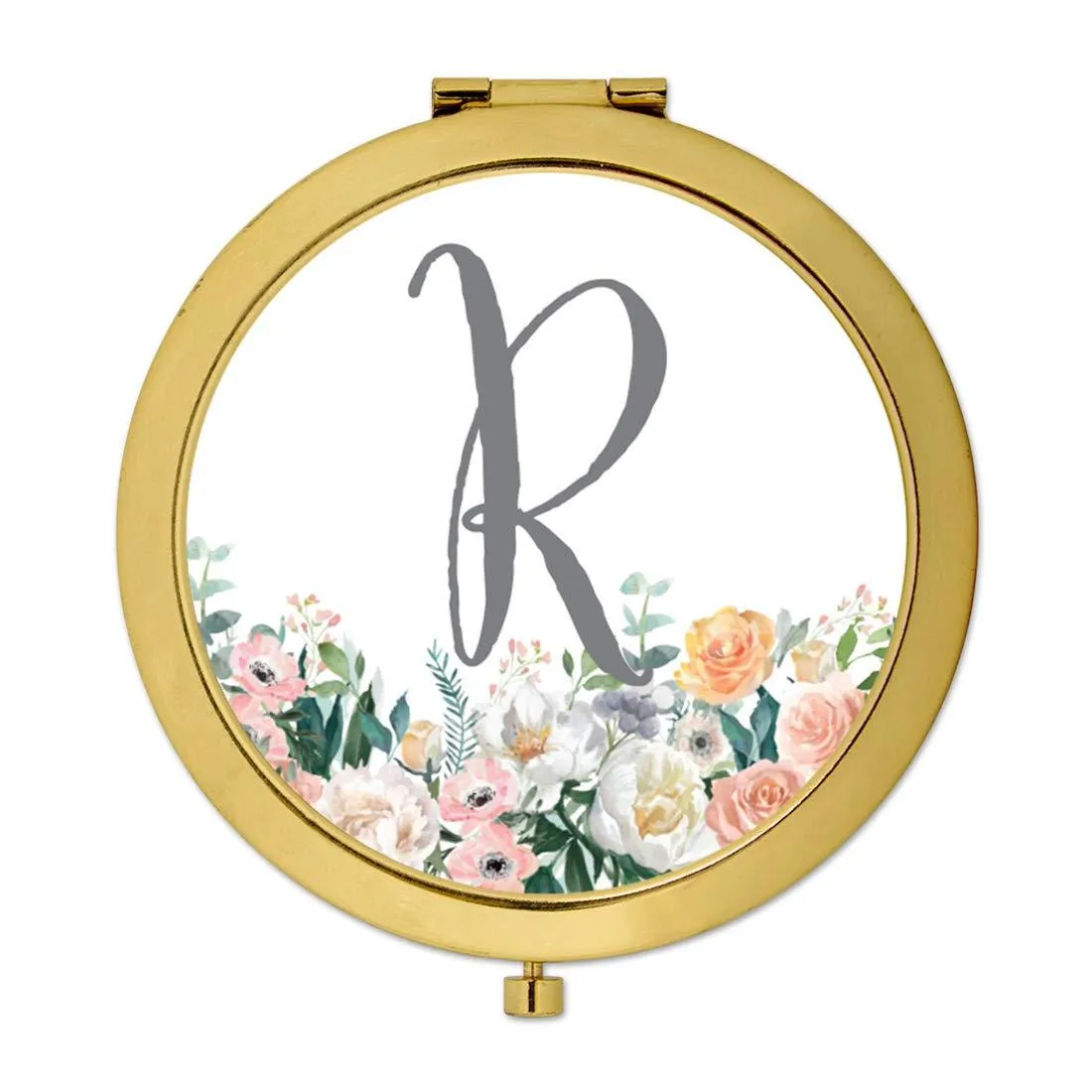 Andaz Press Peach Flower Florals on White Monogram Gold Compact Mirror