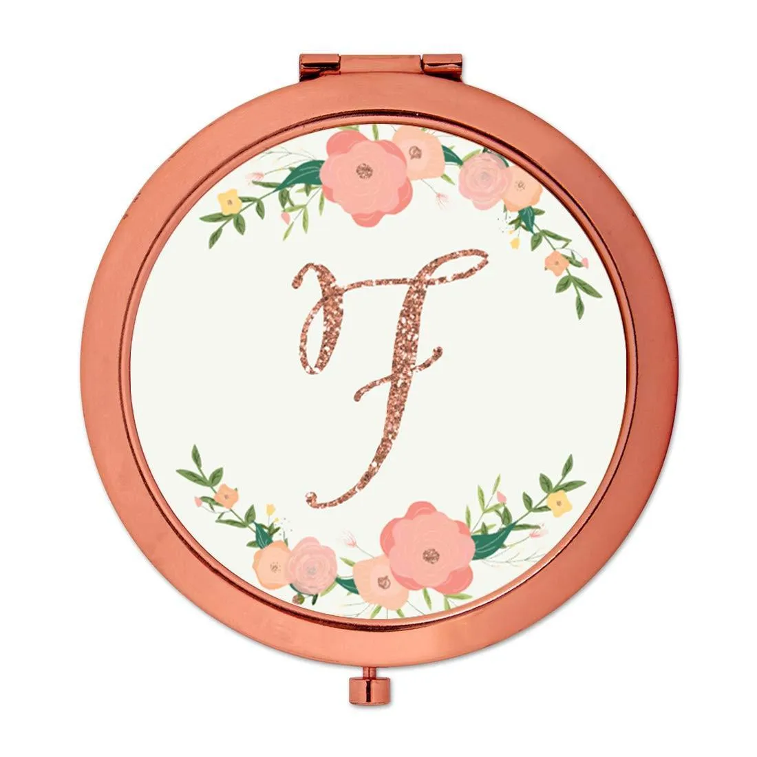 Andaz Press Peach Pink Florals with Faux Rose Gold Glitter Monogram Rose Gold Compact Mirror