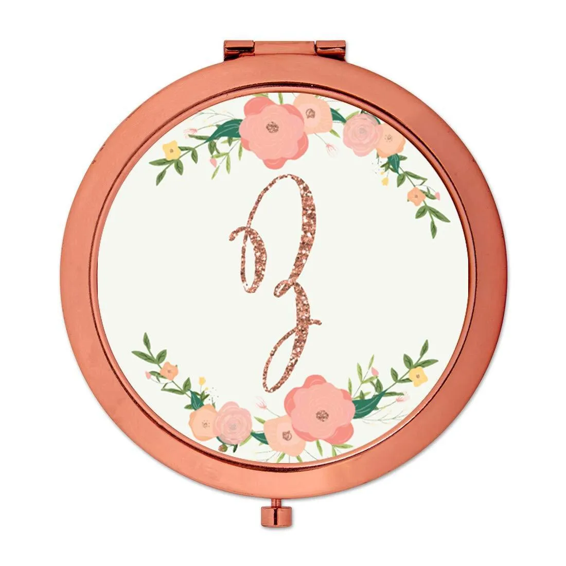 Andaz Press Peach Pink Florals with Faux Rose Gold Glitter Monogram Rose Gold Compact Mirror