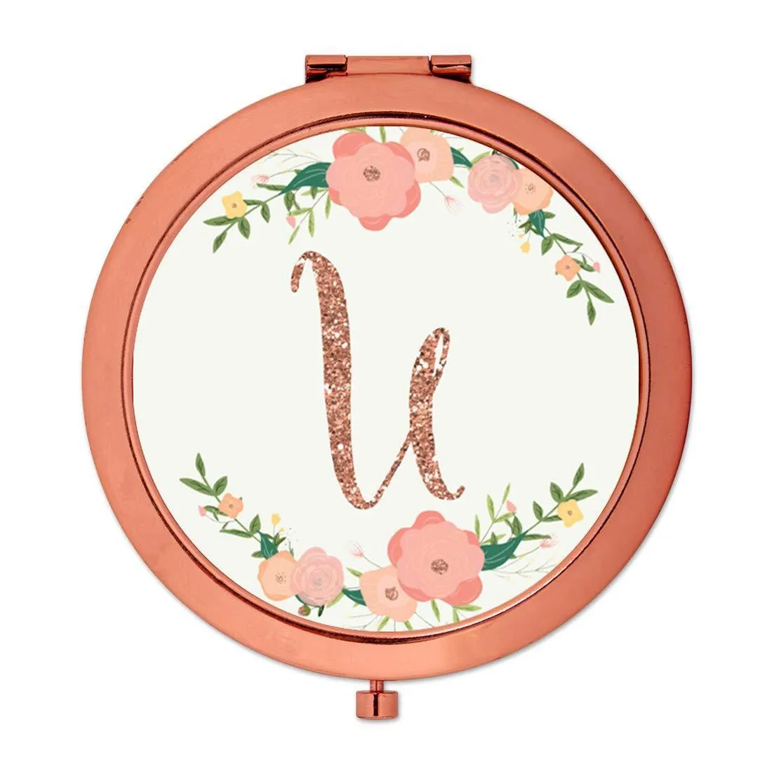 Andaz Press Peach Pink Florals with Faux Rose Gold Glitter Monogram Rose Gold Compact Mirror