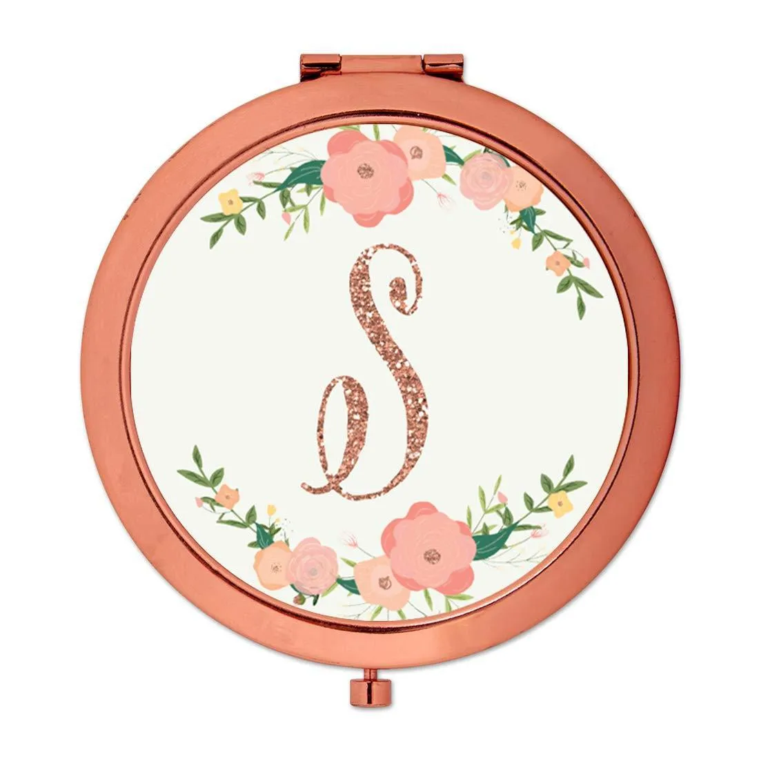 Andaz Press Peach Pink Florals with Faux Rose Gold Glitter Monogram Rose Gold Compact Mirror