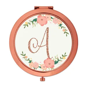 Andaz Press Peach Pink Florals with Faux Rose Gold Glitter Monogram Rose Gold Compact Mirror