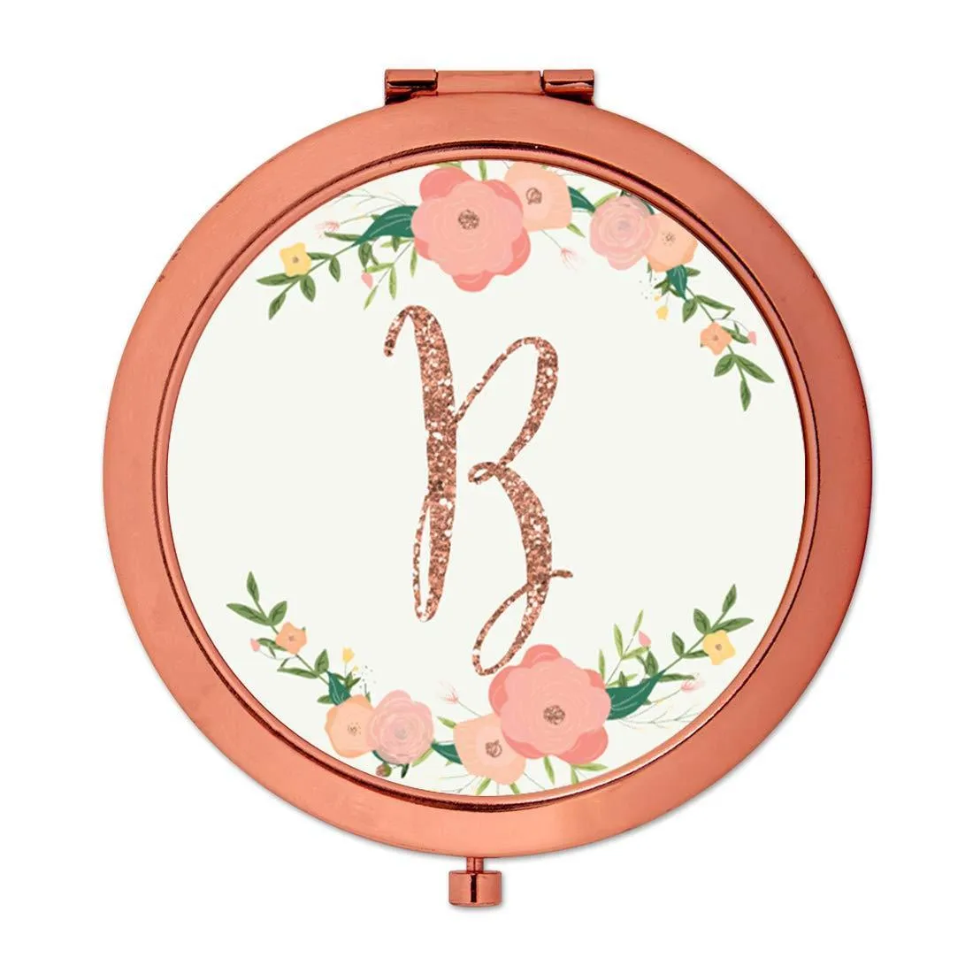 Andaz Press Peach Pink Florals with Faux Rose Gold Glitter Monogram Rose Gold Compact Mirror