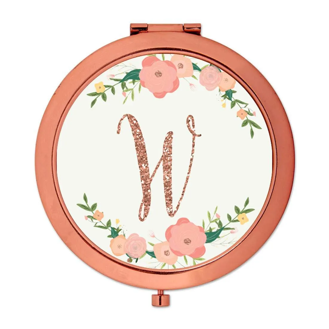 Andaz Press Peach Pink Florals with Faux Rose Gold Glitter Monogram Rose Gold Compact Mirror