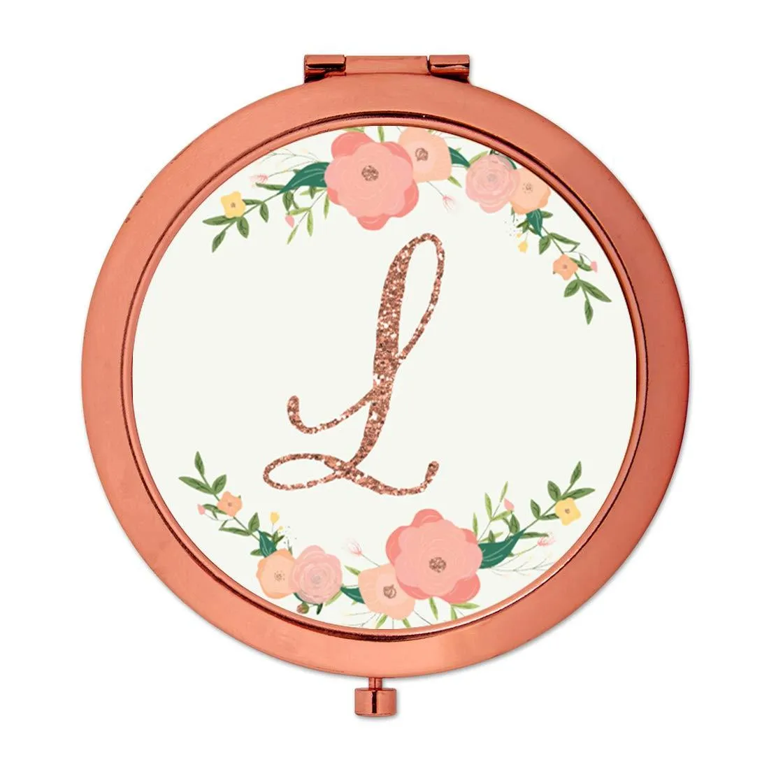 Andaz Press Peach Pink Florals with Faux Rose Gold Glitter Monogram Rose Gold Compact Mirror