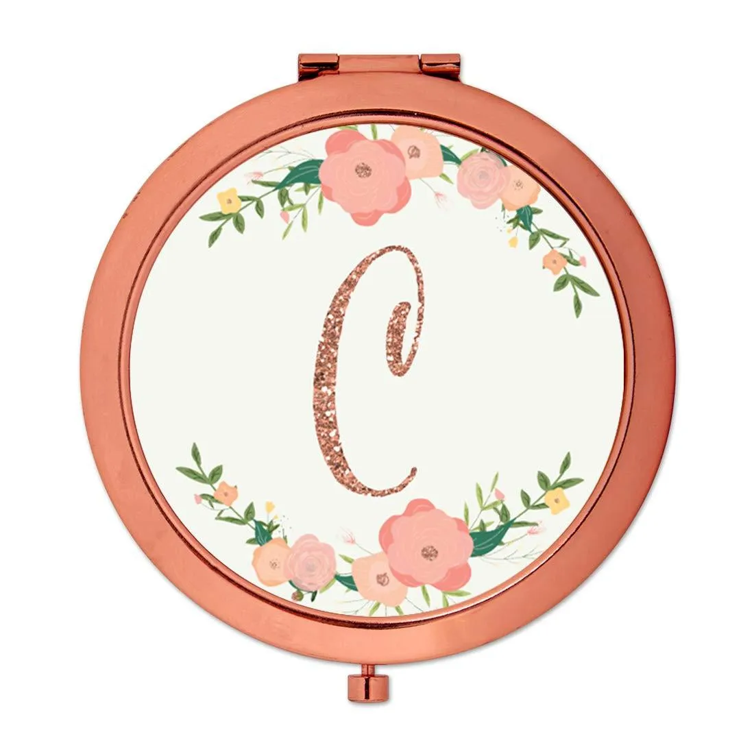 Andaz Press Peach Pink Florals with Faux Rose Gold Glitter Monogram Rose Gold Compact Mirror