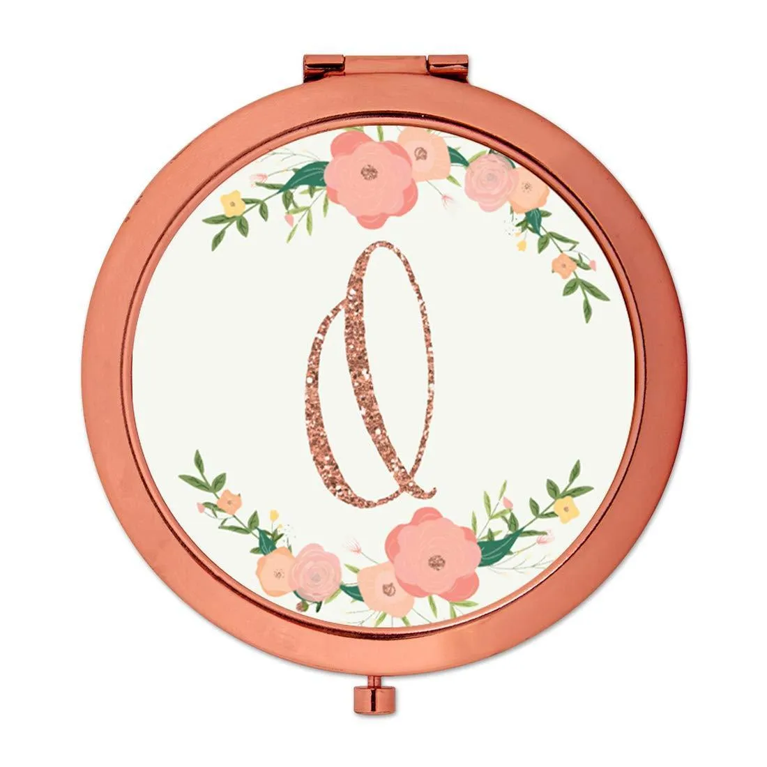 Andaz Press Peach Pink Florals with Faux Rose Gold Glitter Monogram Rose Gold Compact Mirror