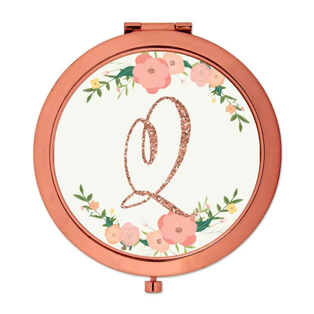 Andaz Press Peach Pink Florals with Faux Rose Gold Glitter Monogram Rose Gold Compact Mirror