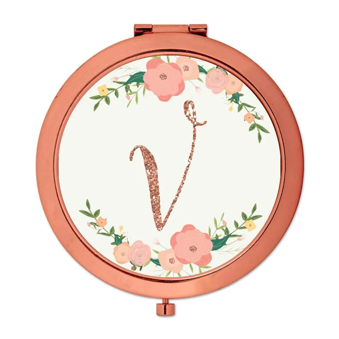 Andaz Press Peach Pink Florals with Faux Rose Gold Glitter Monogram Rose Gold Compact Mirror