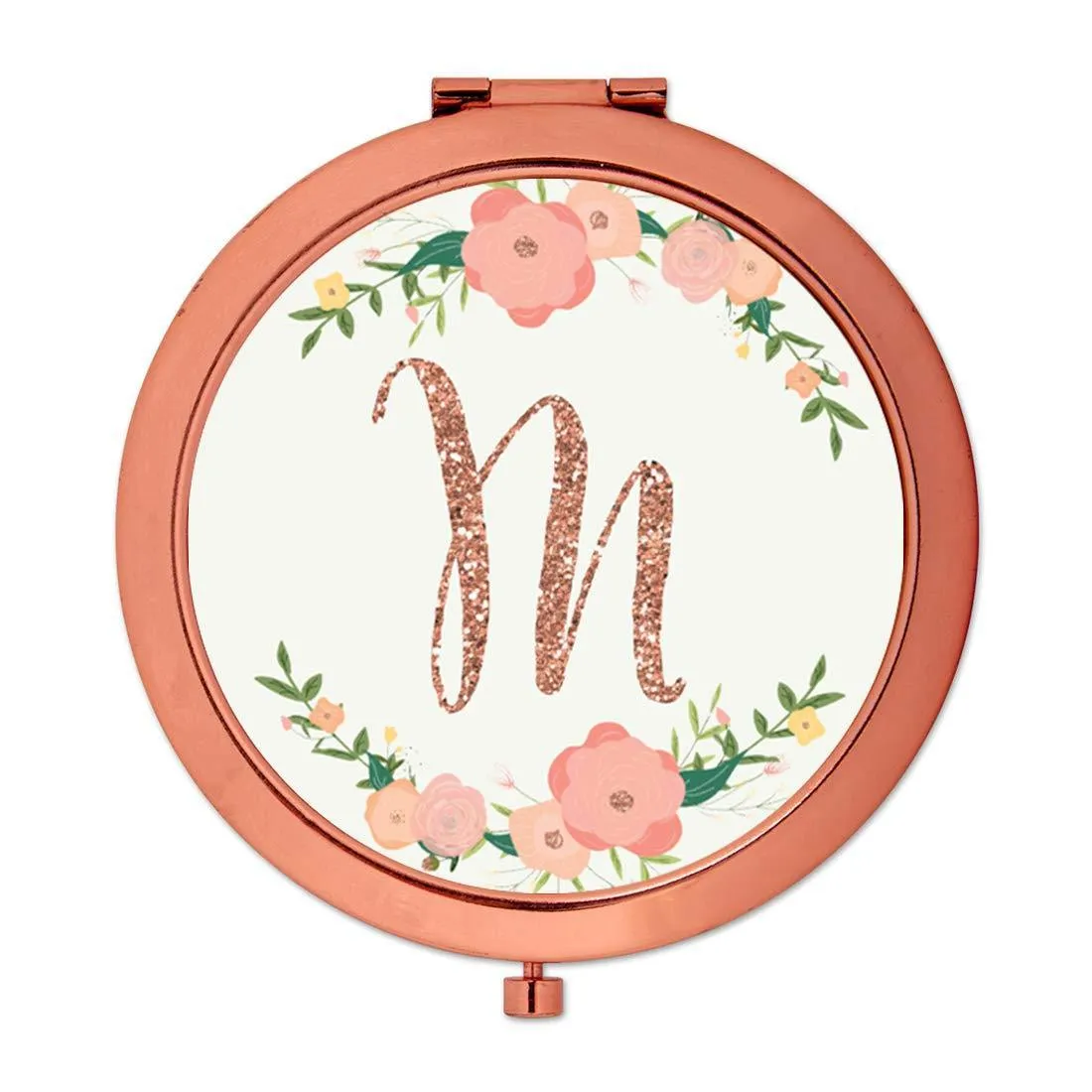 Andaz Press Peach Pink Florals with Faux Rose Gold Glitter Monogram Rose Gold Compact Mirror