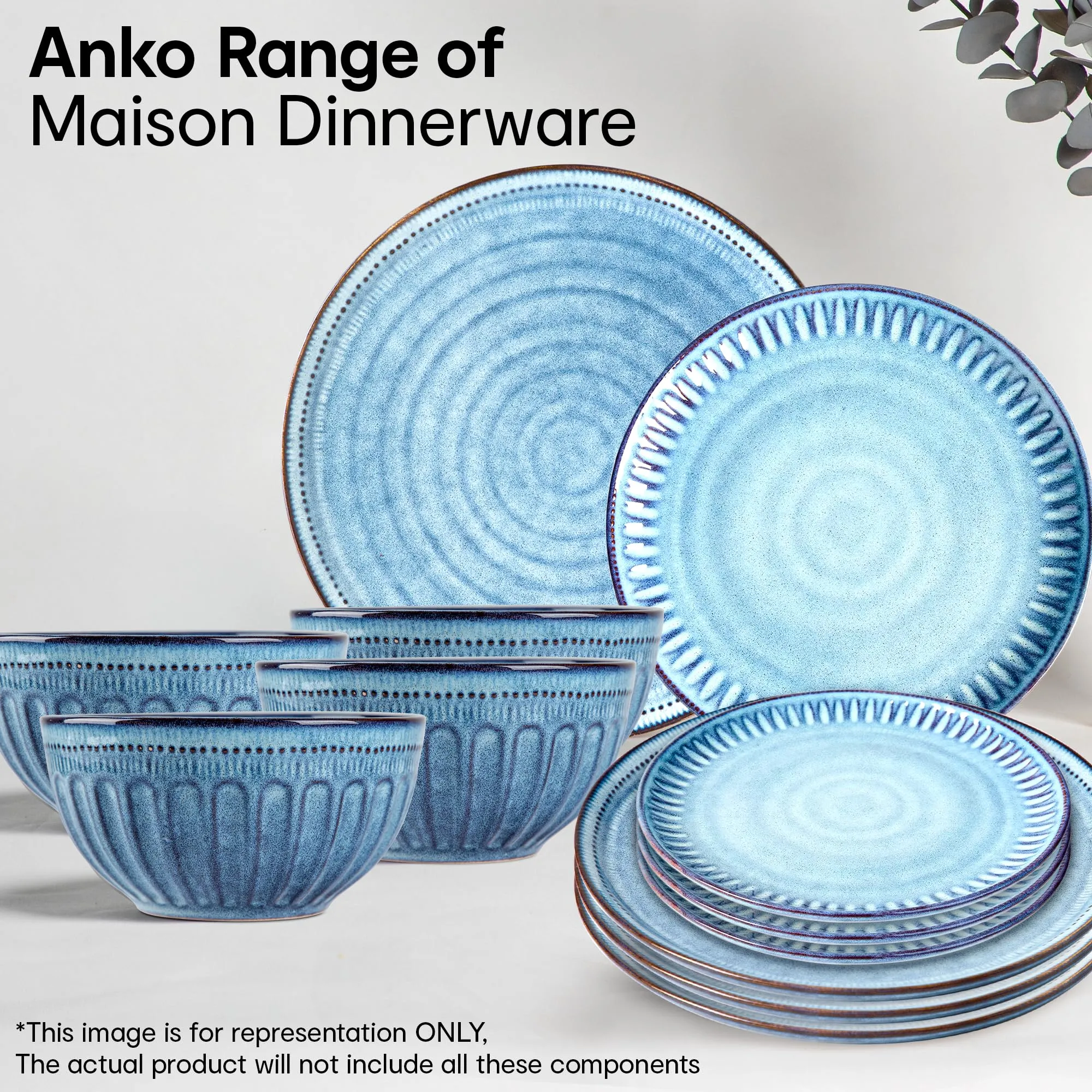 Anko 6" Maison Stoneware Bowls - Set of 6 | Lightweight Daily Use Premium Crockery for Dining Table Ideal for Serving Soup, Salad, Dessert | Designer Bowls for Home, Kitchen, Restaurant | Blue