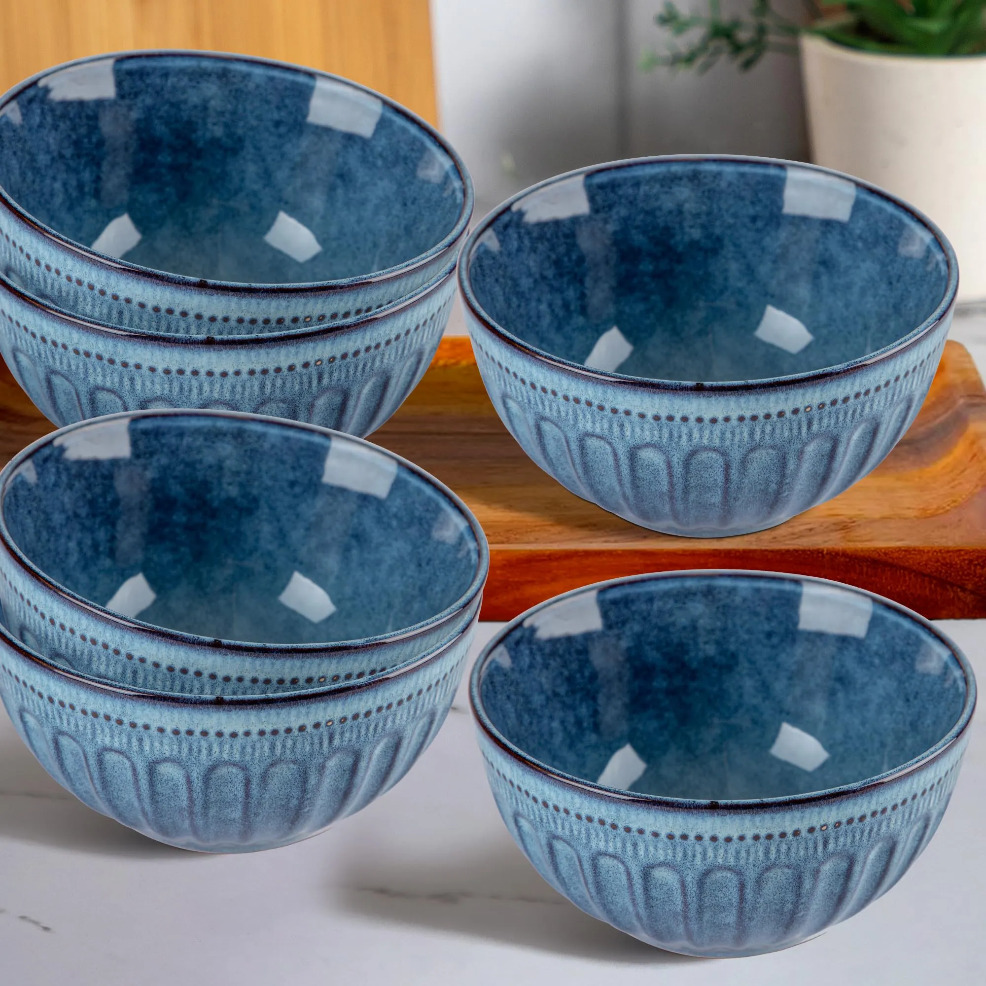 Anko 6" Maison Stoneware Bowls - Set of 6 | Lightweight Daily Use Premium Crockery for Dining Table Ideal for Serving Soup, Salad, Dessert | Designer Bowls for Home, Kitchen, Restaurant | Blue